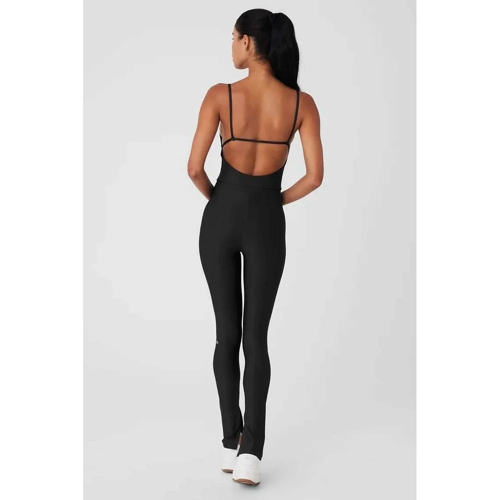 Alo Yoga Black Airlift Disco Daze Onesie Flare Leg Bodysuit Medium W8140R